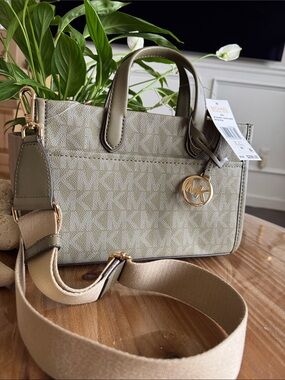 Michael Kors khaki logo-print mini satchel with gold charm